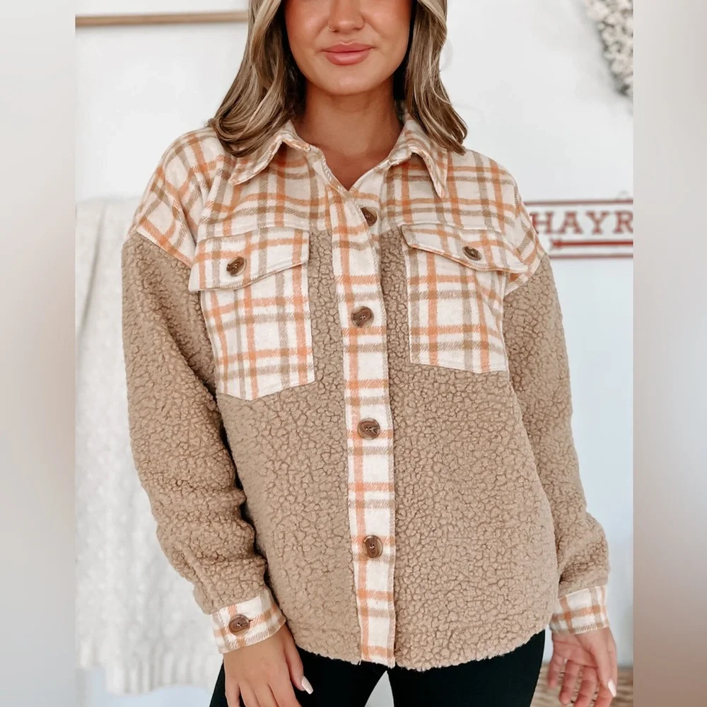 Orange and teddy multi colored shacket - Picture 1 of 6